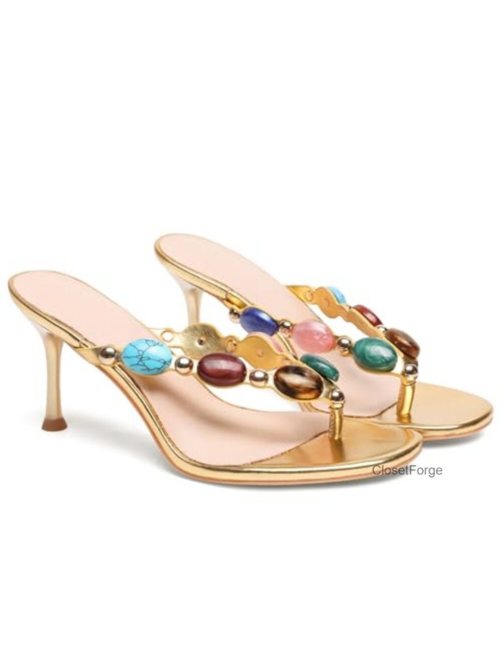 Jeweled Strappy Thong Sandals Kitten Heels Glamour Summer Party Wedding